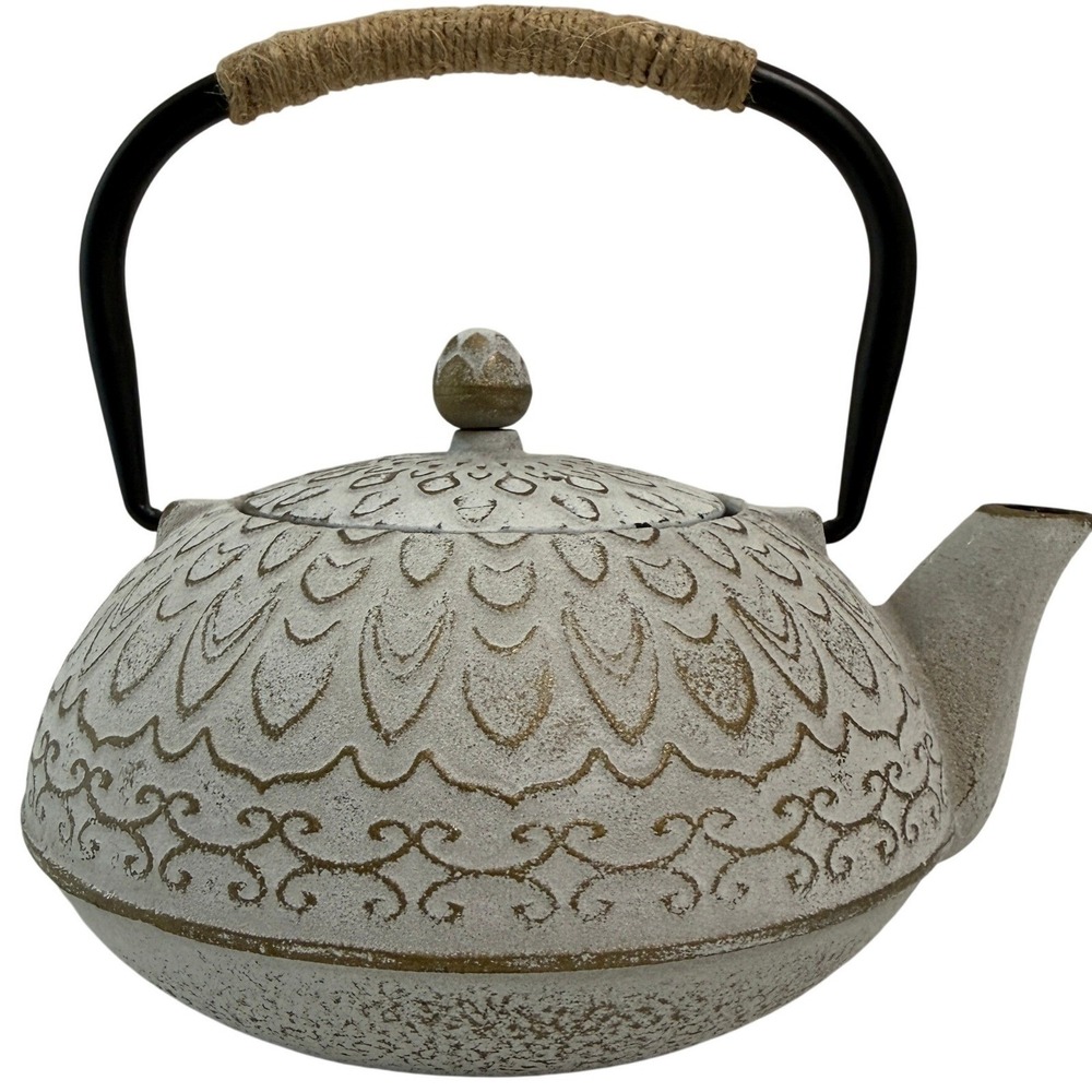 Cast Iron Teapot White Gold Distressed Boho Zen Tea‎ Pot w/ Stainless Infuser